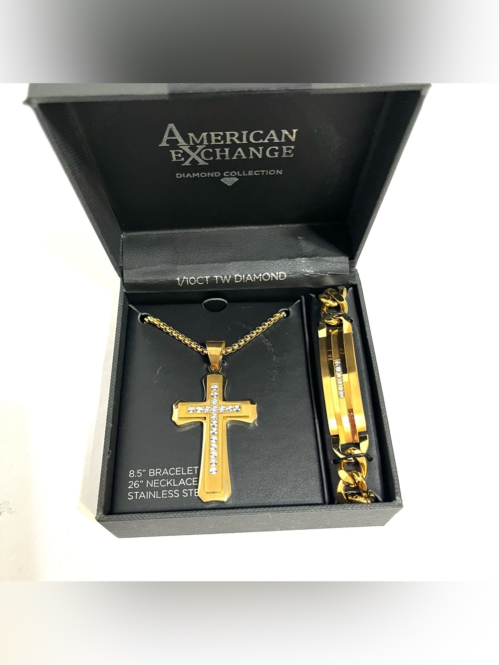 Men’s Goldtone Plated Stainless Steel Diamond Cross Necklace & Bracelet 2 PC Set